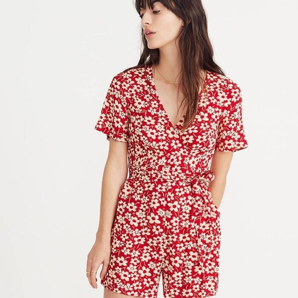 Madewell  Wrap Front Floral Mini Daisy Romper Redvhjju v